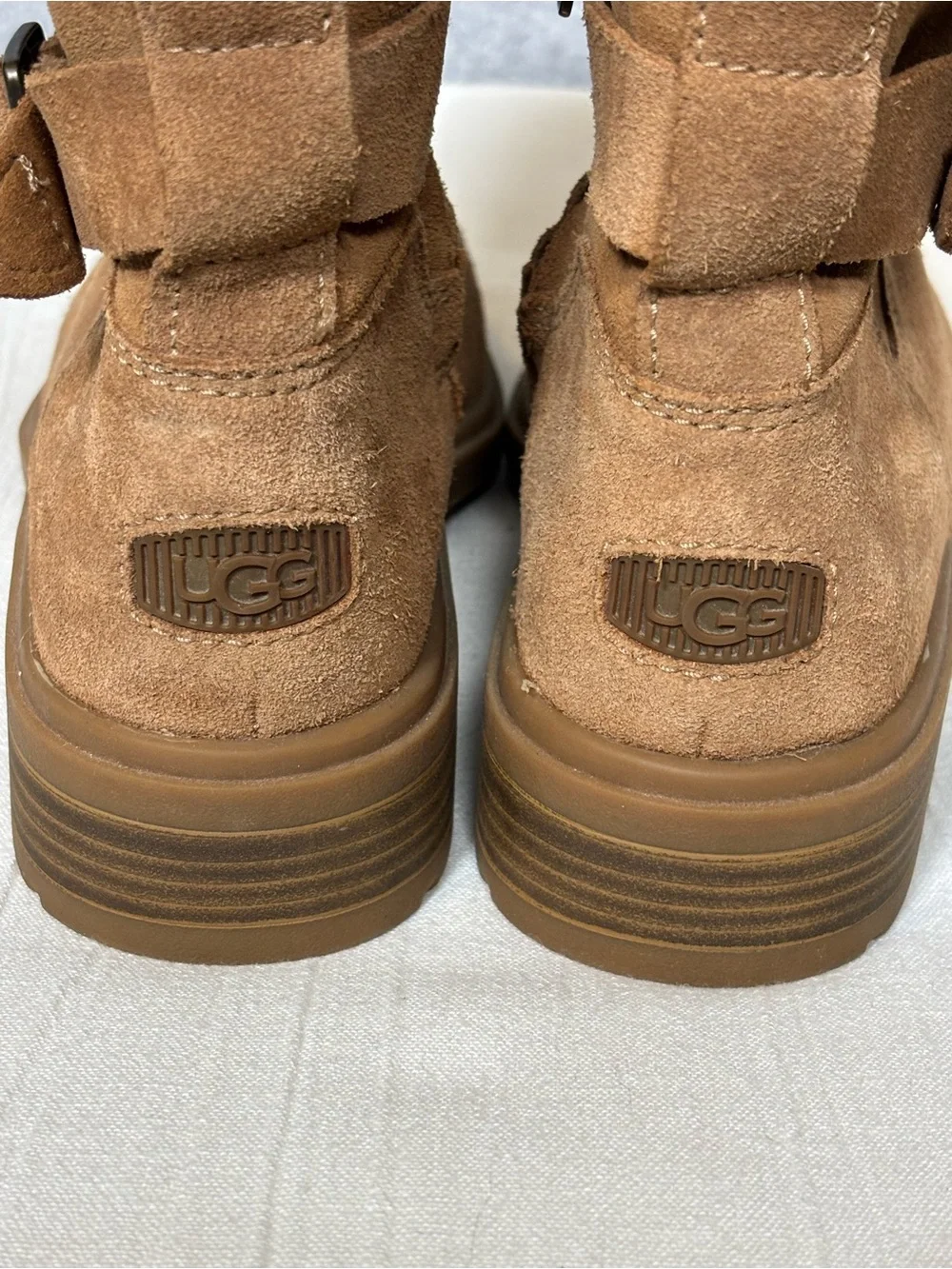 UGG Harrison Cuff Shearling Lined Suede Boots-Chestnut Brown/Cream-Women Size 10